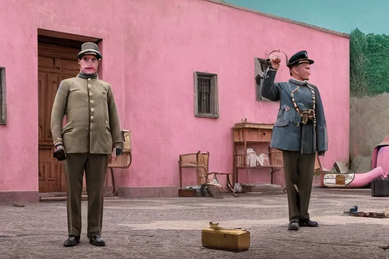 Image similar to wide-shot concept image of a constable in a movie directed by Wes Anderson, symmetrical shot, idiosyncratic, relentlessly detailed, pastel colour palette, detailed perfect face, movie still frame, promotional image, imax 70mm footage