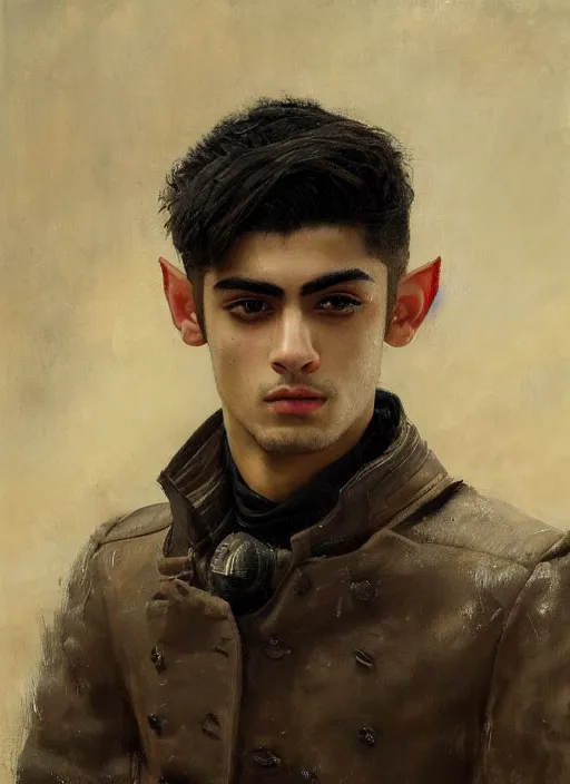 Image similar to head and shoulders portrait painting of young man who looks like zayn malik as an elf by jeremy mann, wearing leather napoleonic military style jacket, only one head single portrait, pointy ears