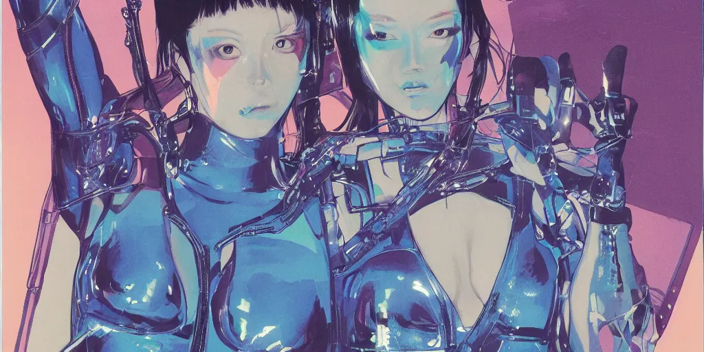 Prompt: a close - up grainy risograph painting of cyberpunk japanese model girl with black eyes and pretty face wearing latex catsuit and lots of transparent and cellophane accessories, blue hour, twilight, by moebius and lehr paul