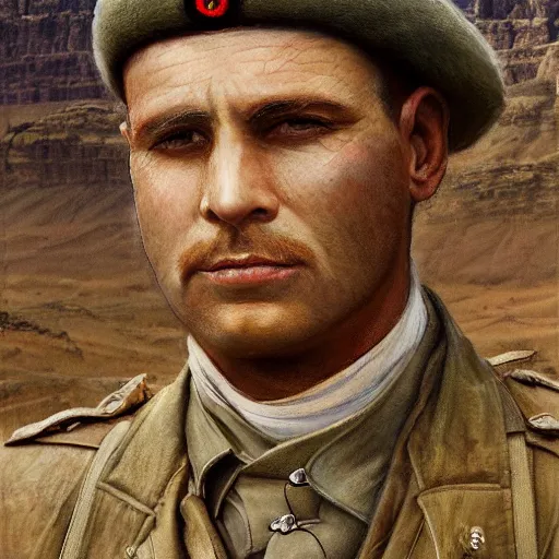 Image similar to a detailed photorealistic muted - color portrait painting of a 1 9 1 7 worried clean - shaven british lieutenant in field gear from the arab bureau in wadi rum, ultra realistic, intricate details, atmospheric, dark, brooding, highly detailed, by clyde caldwell