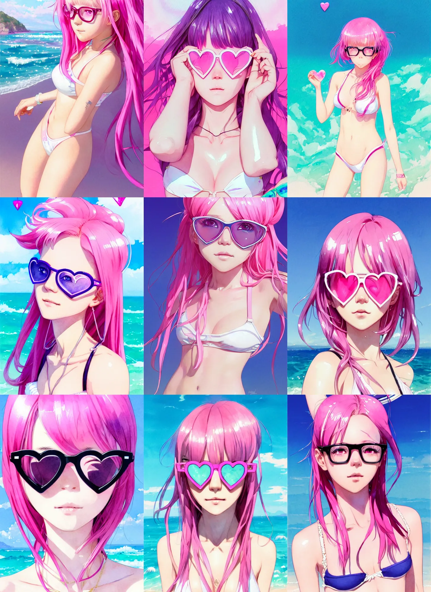 Prompt: portrait of a beautiful girl with pink hair with heart shape pink glasses in white reflective bikini at beach, symmetry face, top lighting, cute - fine - face, ( watercolor ), light novel cover art, art by hidari and krenz cushart and wenjun lin and starember and kuvshinov ilya and kidmo and rossdraws and artgerm