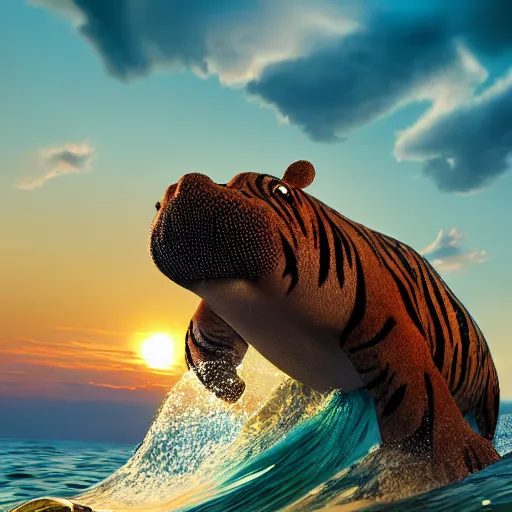 Image similar to a closeup photorealistic photograph of a cute smiling knitted tiger hippopotamus riding a wave at sunset. surf in background. professional capture. brightly lit scene. this 4 k hd image is trending on artstation, featured on behance, well - rendered, extra crisp, features intricate detail, epic composition and the style of unreal engine.