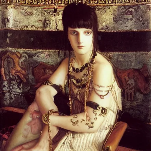 Prompt: Goth girl by Mario Testino, oil painting by Lawrence Alma-Tadema, masterpiece