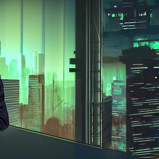 Prompt: an office worker slouching over his desk screaming, dark lighting, hands holding head, ominous background with windows, cyberpunk city in the background, Autostereoscopy, Ray Traced, Complimentary-Colors