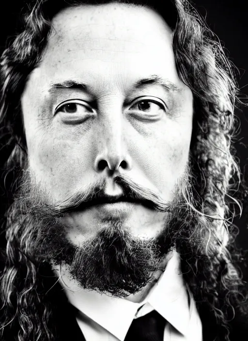 Image similar to A black and white, high contrast portrait of Elon Musk. He has very long hair and a beard. Looks like an old hippie