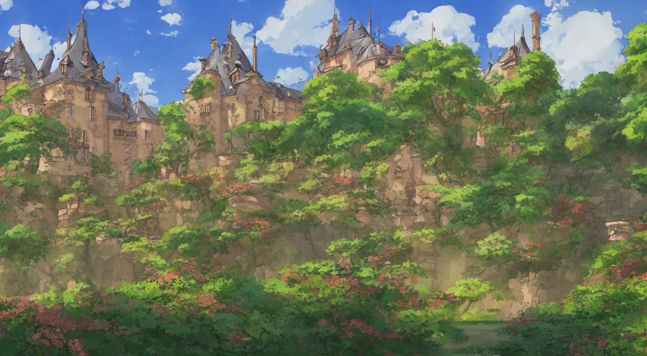 Prompt: a landscape painting of a French castle, with a garden, in the style of anime, by Studio Ghibli, trending on artstation