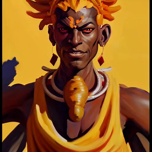 Image similar to Greg Manchess portrait painting of Dhalsim as Overwatch character, medium shot, asymmetrical, profile picture, Organic Painting, sunny day, Matte Painting, bold shapes, hard edges, street art, trending on artstation, by Huang Guangjian and Gil Elvgren and Sachin Teng