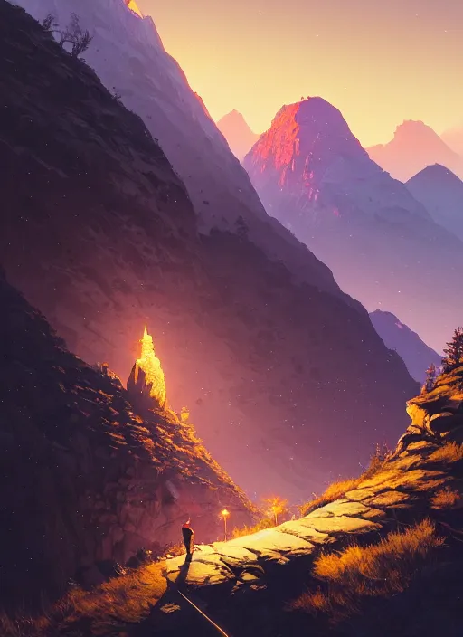 Image similar to highly detailed mountain in night, gta v, stephen bliss, unreal engine, fantasy art by greg rutkowski, loish, rhads, ferdinand knab, makoto shinkai and lois van baarle, ilya kuvshinov, rossdraws, tom bagshaw, global illumination, radiant light, detailed and intricate environment