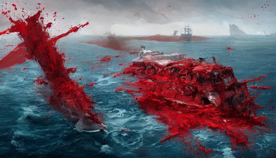 Image similar to cruise ship sinking in blood sea, hyperdetailed, artstation, cgsociety, 8 k