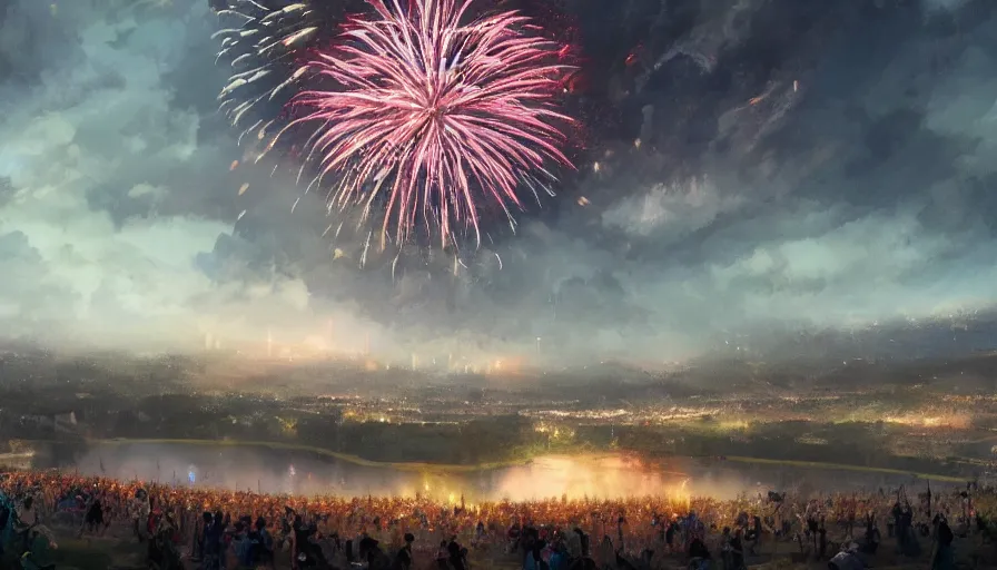 Prompt: Huge fireworks in the sky with a village located located near a large lake in a large plain where hundreds of people are celebrating, hyperdetailed, artstation, cgsociety, 8k