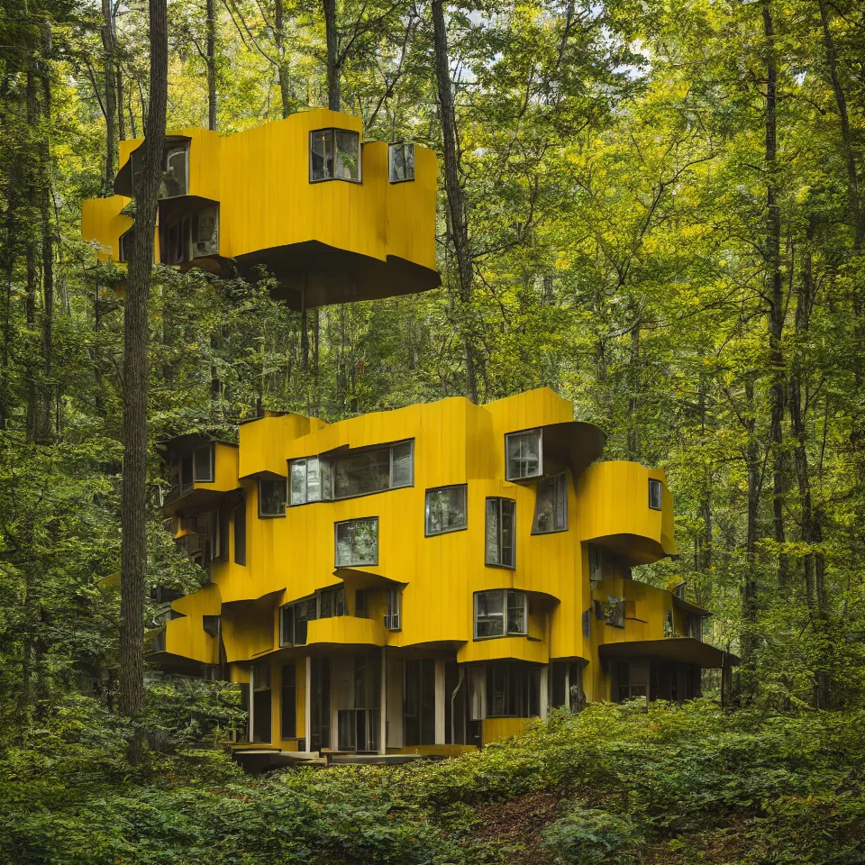 Image similar to architecture ad for a 1 story mid-century modern house in the middle of the forest, designed by Frank Gehry. Film grain, cinematic, yellow hue