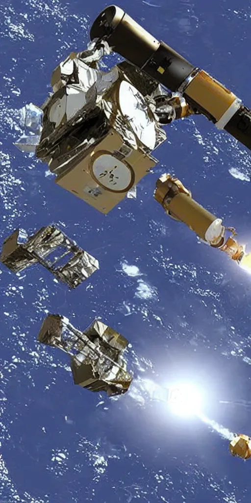 Image similar to the robot extended its mechanical arm to recover the debris in space.