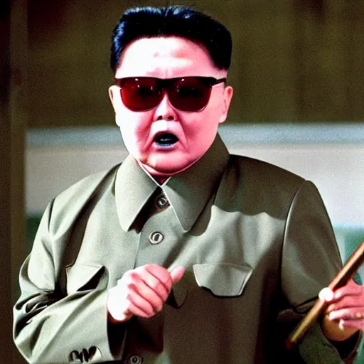 Image similar to a still of Kim Jong-il as Jason Voorhees, north Korean slasher, iconic hockey mask, machete