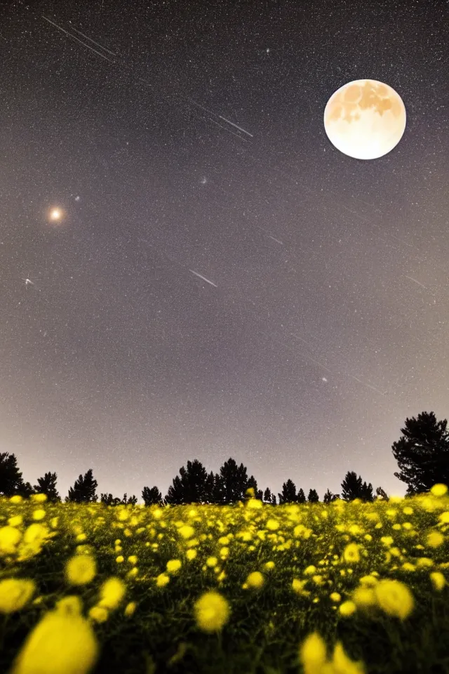 Prompt: low angle, shot from below. two very large moons in night sky. milky way in the night sky. 3 0 second shot. heavy meteor shower. field of big frozen yellow flowers. f 1. 8 lens, 1 6 mm, lens flare, bokeh. high detail. photorealistic, romantic