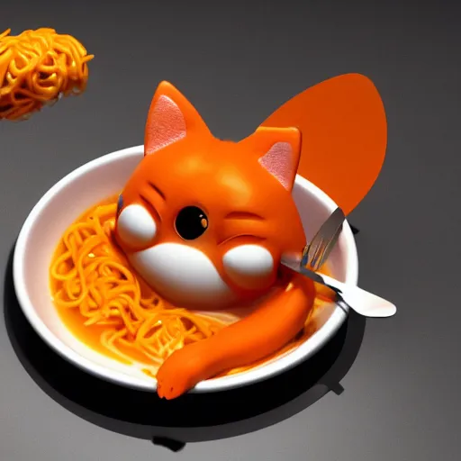 Image similar to Fat, cute orange cat in a suit eating ramen, busy restaurant, close up, octane render by Lynda Benglis, 4K, 8K