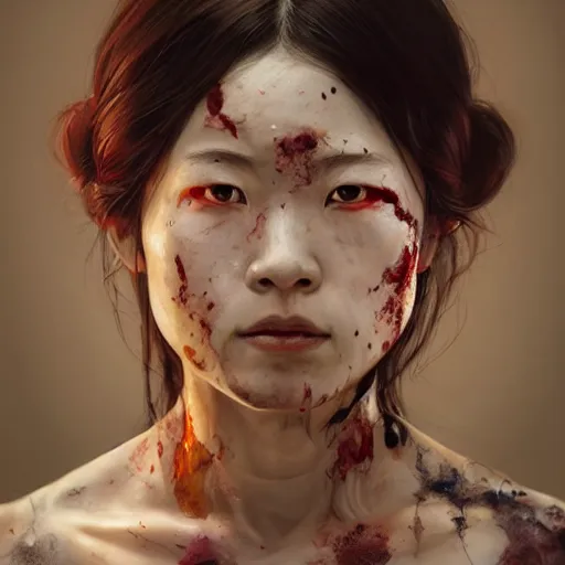 Prompt: portrait painting of a bloodied north japanese female butcher, ultra realistic, concept art, intricate details, eerie, highly detailed, photorealistic, octane render, 8 k, unreal engine. art by artgerm and greg rutkowski and alphonse mucha
