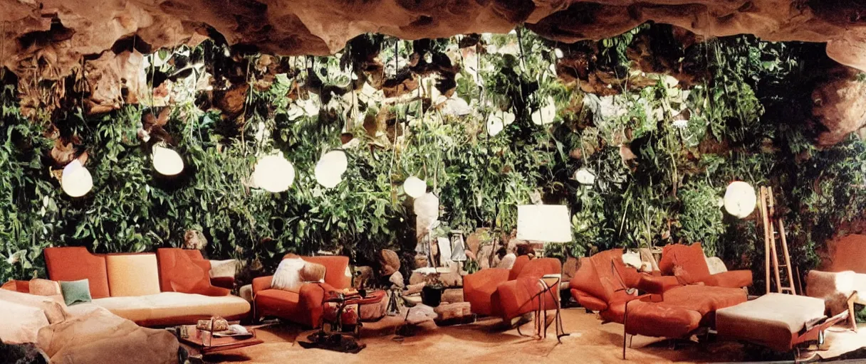 Prompt: 1970s interior design magazine photo of a living room built into a cave, with hanging plants and hanging lamps, and couches and chairs, grainy, sunfaded, the walls are made of rock