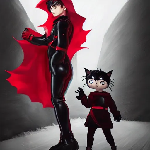 Image similar to little boy with cat ears in an black latex suit with red cape. digital artwork made by lois van baarle and kentaro miura, sharpness focus, anatomically correct, heroic composition, hero pose