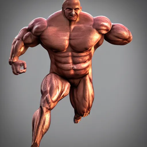 Prompt: extremely muscular bald man, small legs, exaggerated arms, 3 d model, gladiator, small head.