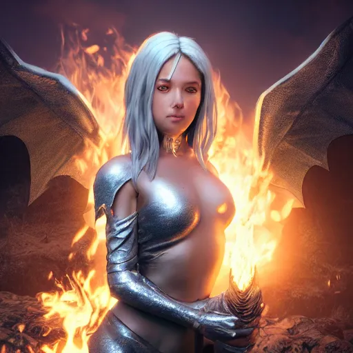 Prompt: An epic fantasy comic book style portrait painting of a silver headed beautiful girl in front of a fire breathing dragon, unreal 5, DAZ, hyperrealistic, octane render, cosplay, RPG portrait, dynamic lighting