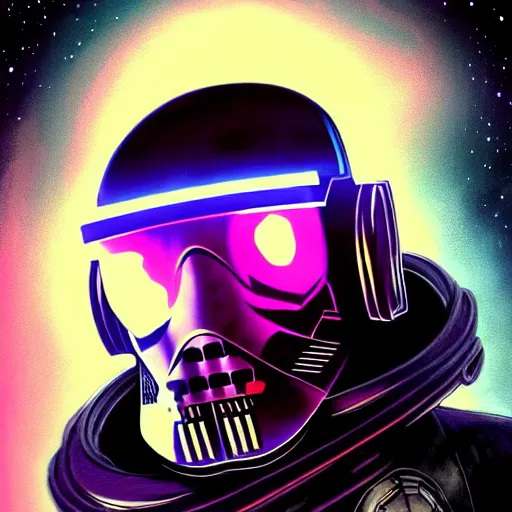 Prompt: A close up portrait of most wanted cyberpunk space pirate warping time and space, wearing menacing skull space helmet, trading illegal goods, star wars meet protomolecule, magic mushrooms, psilocybin, LSD, dark force full face space helmet, space pressurized suit, futuristic, blade runner, detailed, intricate, elegant, highly detailed, digital painting, artstation, concept art, smooth, sharp focus, akira style illustration, art by Krenz Cushart and Artem Demura and Alphonse Mucha