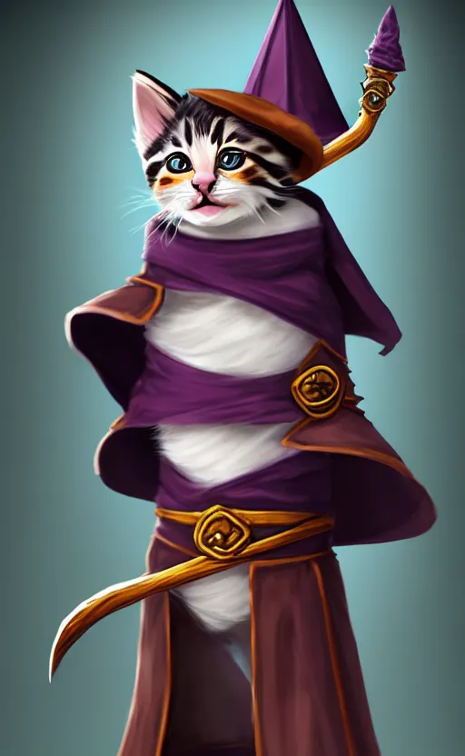 Image similar to a kitten wearing wizard robes and wizard hat, dungeons and dragons character art, dnd, character reveal, magic, posing, noble, full body portrait, high resolution, detailed, inspiring, award - winning, clear, crisp, sharp