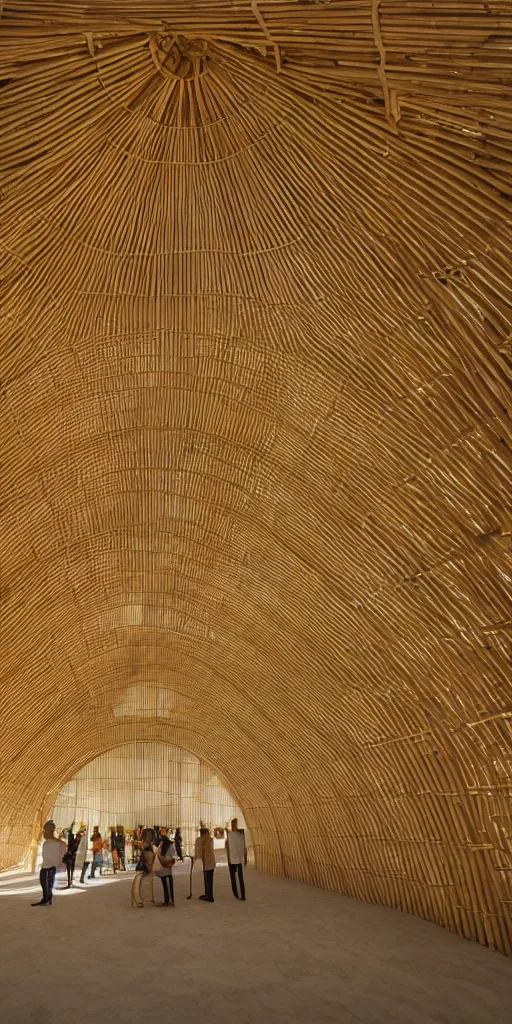 Prompt: inside small pavilion made of bamboo. complex curved vaulting structure. a large crowd at a party. architectural photography. vray, 4 k, 8 k. volumetric lighting.