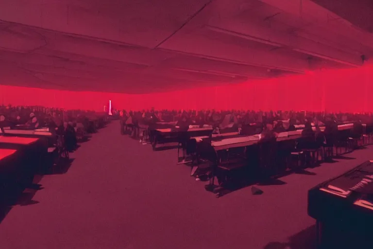 Prompt: a dark conference hall, half - full with people, atmospheric and obscure, red neon light, by roger deakins, cinematography, syd mead