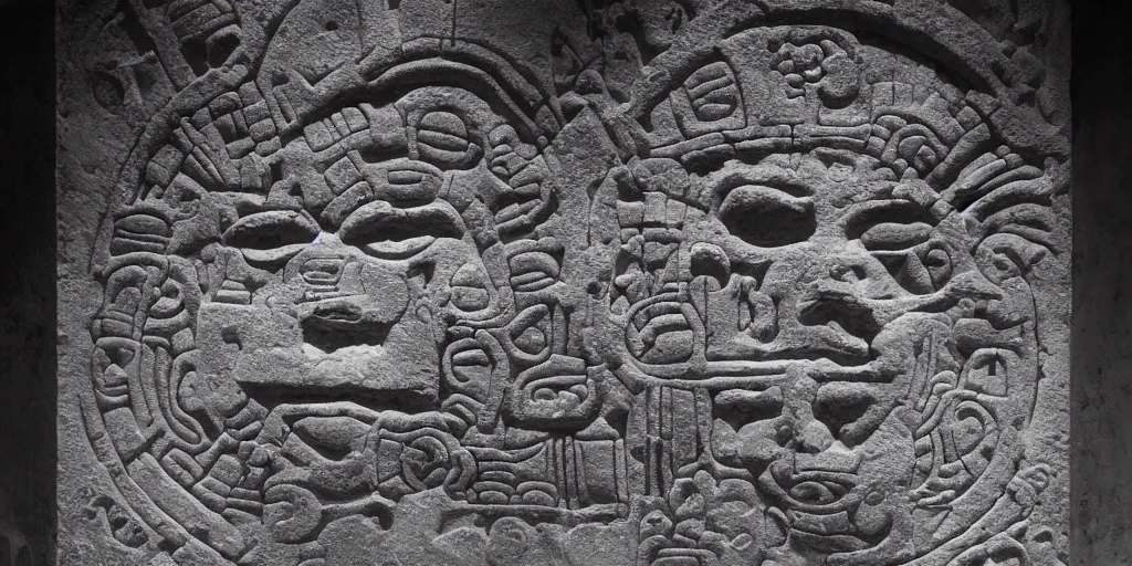 Image similar to pascal votan the space navigator as etched in stone, Mayan hieroglyph by Liam Wong and Boris Vallejo