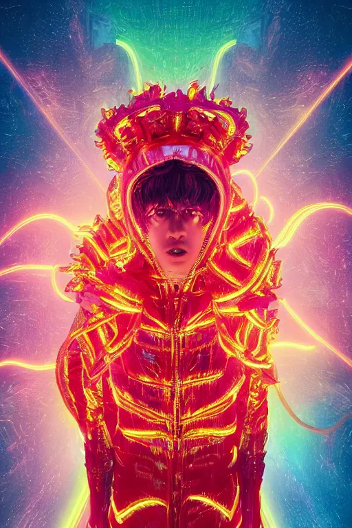 Image similar to hyper detailed ultra sharp portrait of baroque and bladerunner delicate neon ruby sculpture of seductive albino prince royce tigers orange iridescent humanoid deity wearing metallic hoody made out of leaves holding the sun prismatic dungeon, glowing rainbow face, crown of white diamonds, cinematic lighting, photorealistic, octane render 8 k depth of field 3 d