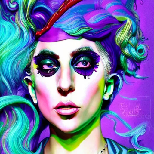 Image similar to an extremely psychedelic portrait of lady gaga as willy wonka, surreal, lsd, face, detailed, intricate, elegant, lithe, highly detailed, digital painting, artstation, concept art, smooth, sharp focus, illustration,