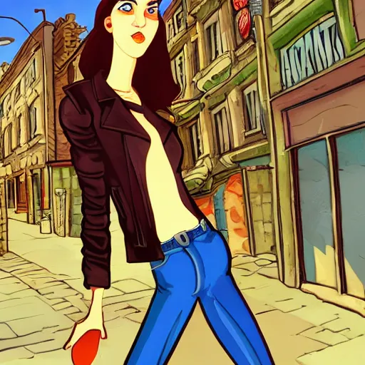 Prompt: slender young woman in leather jacket in dim city street, highly detailed Ralph Bakshi cartoon artstyle