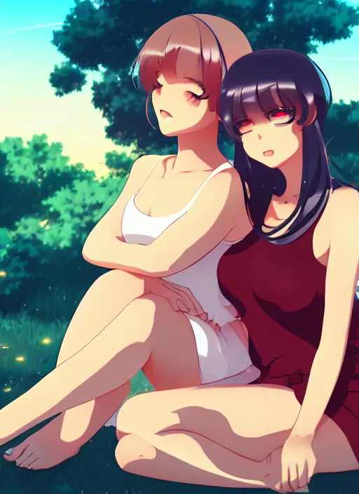 Image similar to two beautiful mothers sitting on a hot summer evening, gorgeous faces, thick lines, cinematic lighting, detailed anime art