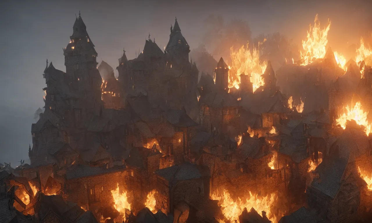 Image similar to A dragon burning down a medieval village, stylized as a 3D render, Octane Render, Unreal Engine 5, CryEngine, by Beeple, by Carl Gustav Carus