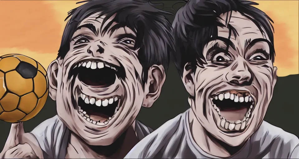 Image similar to a man eating a soccer ball and laughing in the style of Junji Ito