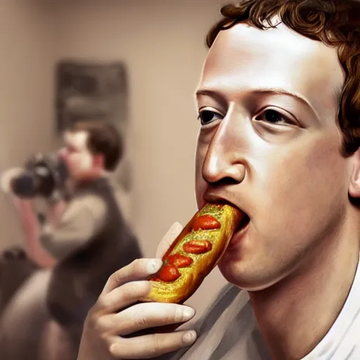 Prompt: Photorealistic Mark Zuckerberg eating a hotdog, Hyperdetailed, 108 Megapixels, Artstation concept art