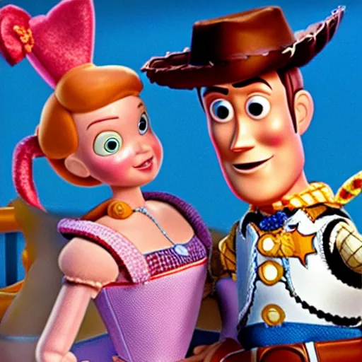 Image similar to woody trying to kiss bo peep in Toy Story 4