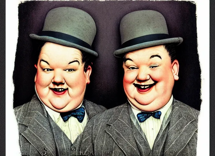 Image similar to “ portrait of laurel and hardy, by norman rockwell and robert crumb, coloured ”