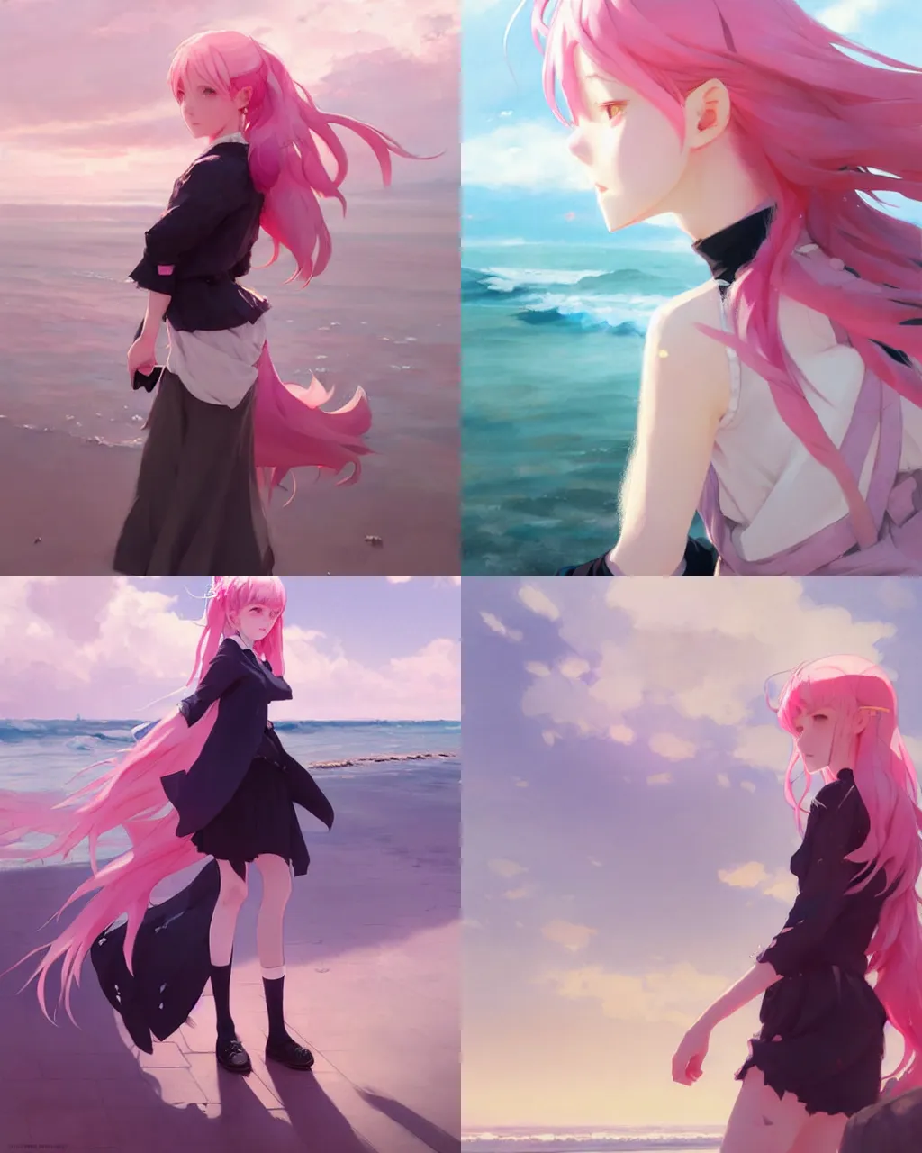 Image similar to a girl with pink hair and black skirt, at the seaside, a beautiful half body illustration, side backlight, perfect shadow, soft painting, reduce saturation, leaning towards watercolor, art by hidari and krenz cushart and wenjun lin