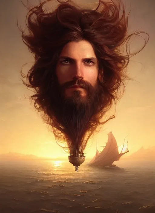 Image similar to portrait painting of a handsome rugged long hair crimson hair male pirate, soft hair steampunk ornate zeppelin blimp airship in the sky sunset golden hour art by raphael lacoste and stephan martiniere greg rutkowski gaston bussiere fantasy soft hair trending on artstation deviantart book cover art concept art key art dramatic volumetric lighting, 4 k, award winning