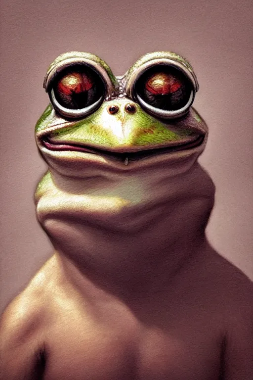 Prompt: photorealistic portrait photograph of pepe!! the frog, upper body, handsome, depth of field, soft focus, highly detailed, intricate, realistic, national geographic cover, soft glow, textured, artstation, concept art, sharp focus, illustration, art by artgerm and greg rutkowski and alphonse mucha