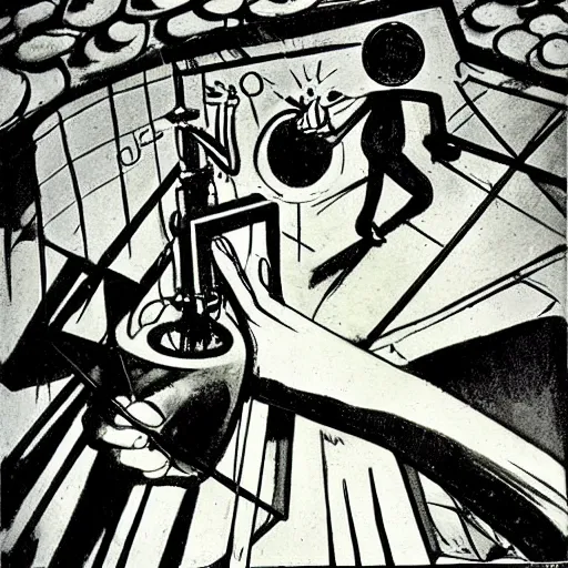 Image similar to A kinetic sculpture. A rip in spacetime. Did this device in his hand open a portal to another dimension or reality?! by William Gropper perspective