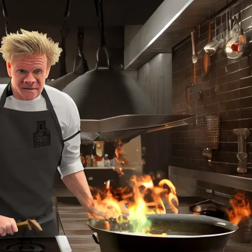 Image similar to unreal engine 5 photorealistic Gordon Ramsey cooking a unicorn in a pot in a intricate kitchen 4k