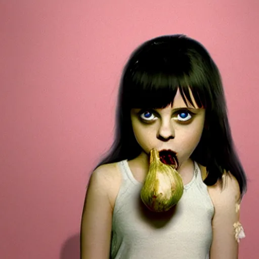 Image similar to young vampire christina ricci eating a clove of garlic, art by beeple