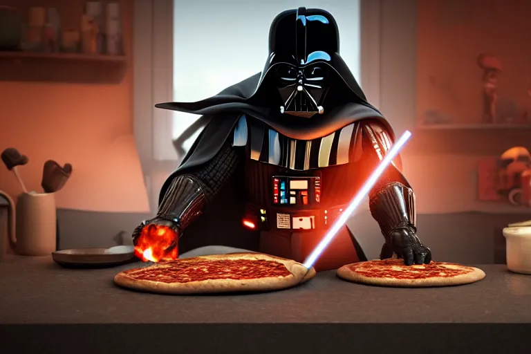 Image similar to still from a pixar movie of darth vader making a pizza, high quality 3 d render, movie, pixar, renderman, 4 k, artstation