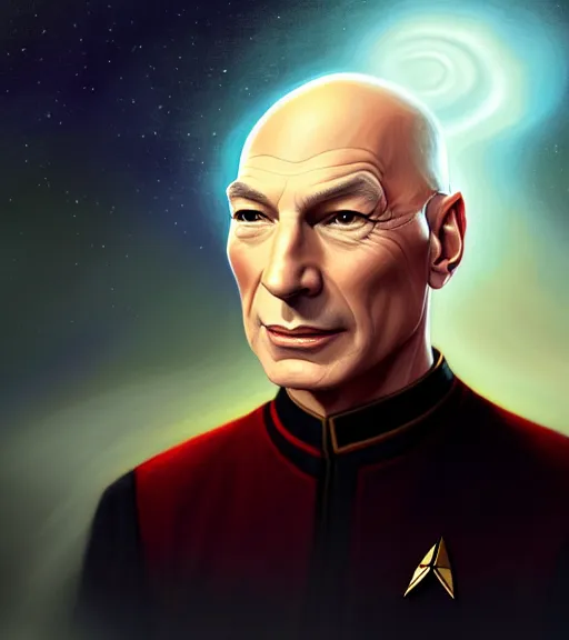 Image similar to portrait of Jean Luc Picard, 4K, UHD intricate, elegant, highly detailed, centered, digital painting, artstation, concept art, smooth, sharp focus, illustration, by Peter Mohrbacher, WLOP