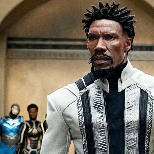 Prompt: film still of Charlie Murphy as Killmonger in Black Panther movie