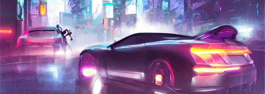 Image similar to a squad riding to party in car, rain, harsh neon lights, highly detailed, digital painting, trending on artstation, concept art, sharp focus, illustration, art by artgerm and greg rutkowski and magali villeneuve