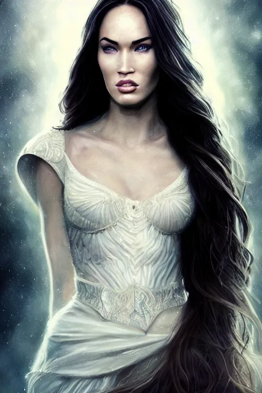 Image similar to majestic and regal portrait of megan fox female white raven, dc universe, perfect face, beautiful, intricate, epic, elegant, fantasy, highly detailed, digital painting, hard focus, beautiful volumetric lighting, epic light, ultra detailed, by leesha hannigan, ross tran, thierry doizon, kai carpenter, ignacio fernandez rios