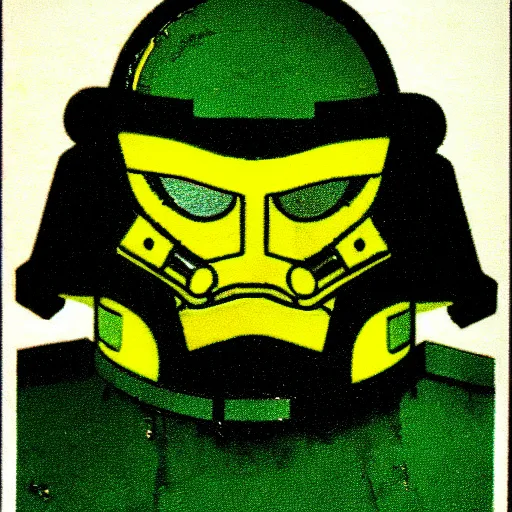 Image similar to portrait of a mutant chronicles bauhaus doomtrooper, wearing green battle armor, a yellow smiley sticker centered on helmet, by moebius